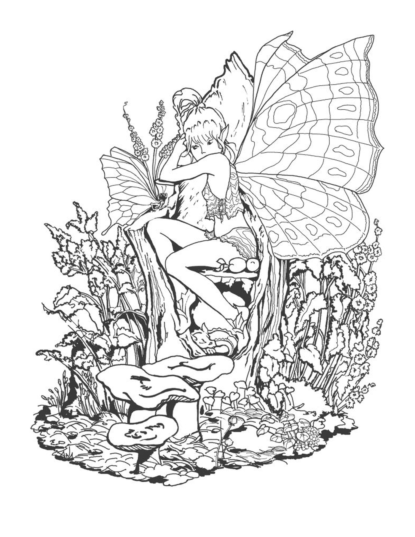   Une fée assise sur un champignon avec un papillon dans la main 