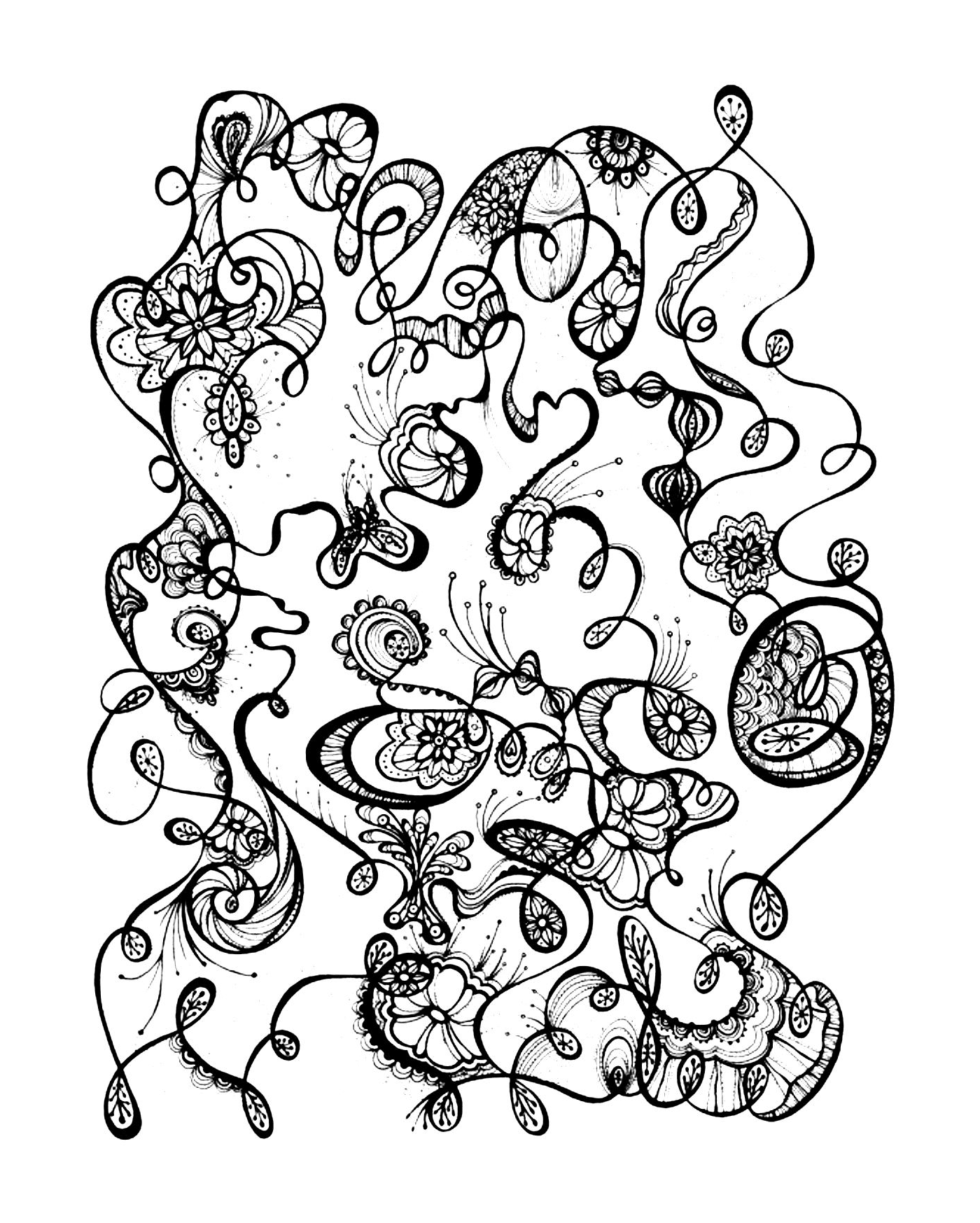   un motif abstrait en noir et blanc avec des fleurs 