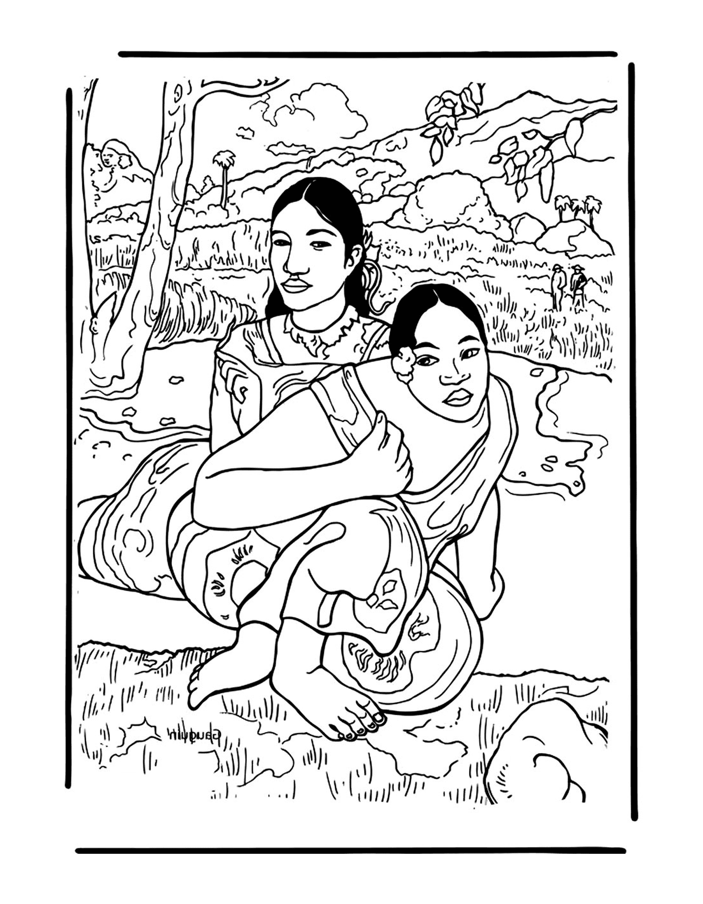   deux femmes assises par terre selon Gauguin 
