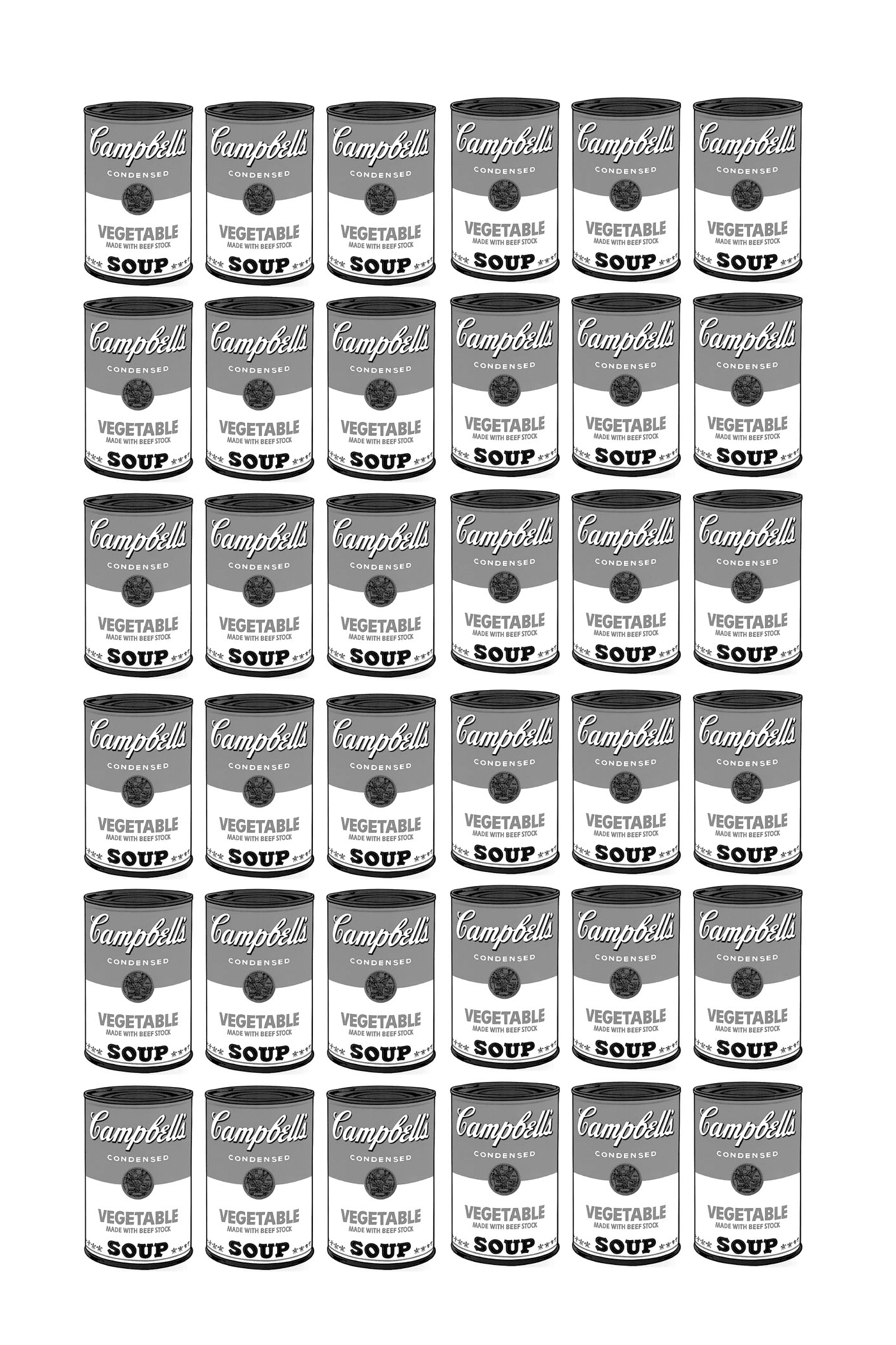   une série de boîtes de soupe Campbell entièrement en noir et blanc selon Warhol 
