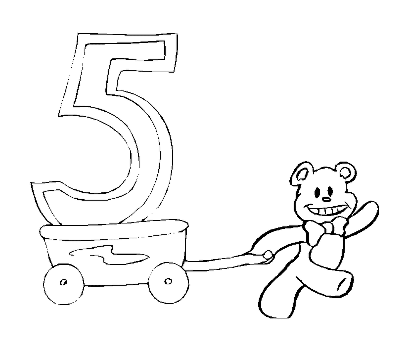   Ourson tirant une charrette avec le chiffre cinq 