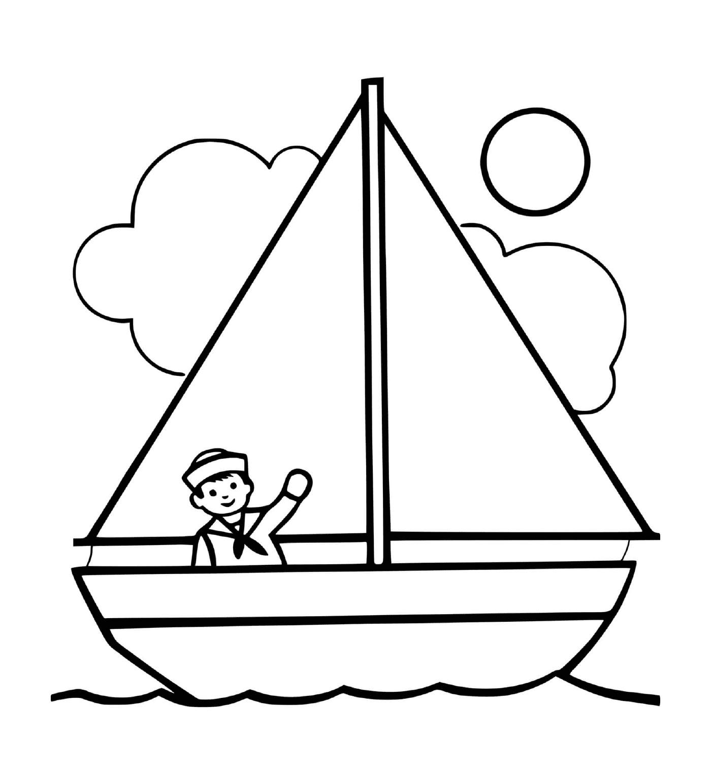   Un homme dans un bateau avec un soleil et un capitaine 
