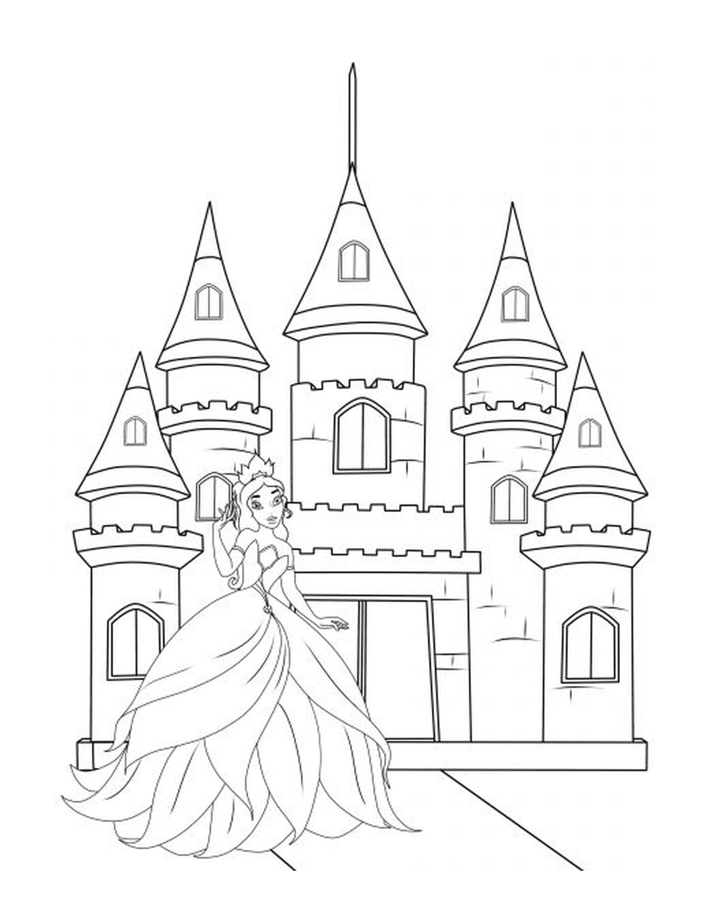   Une princesse debout devant son château, comme Barbie 