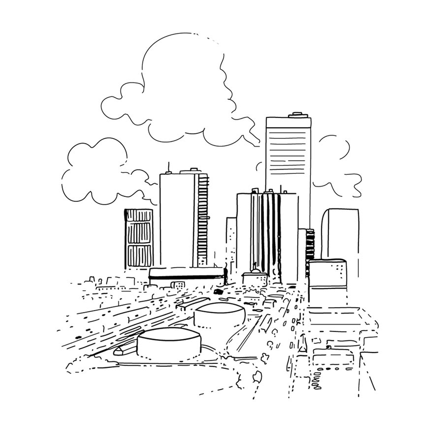   Ville avec voiture et nuages 