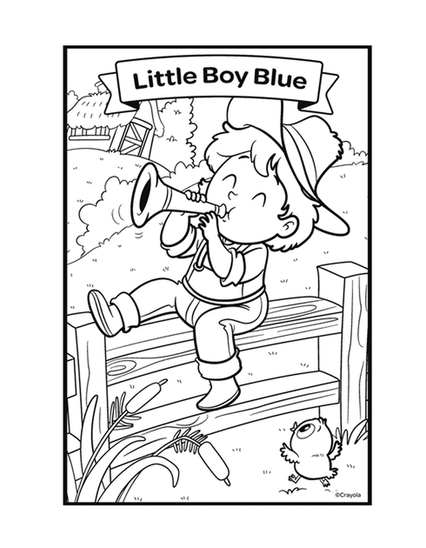   La comptine Le petit garçon bleu avec un garçon jouant de la trompette sur un banc 