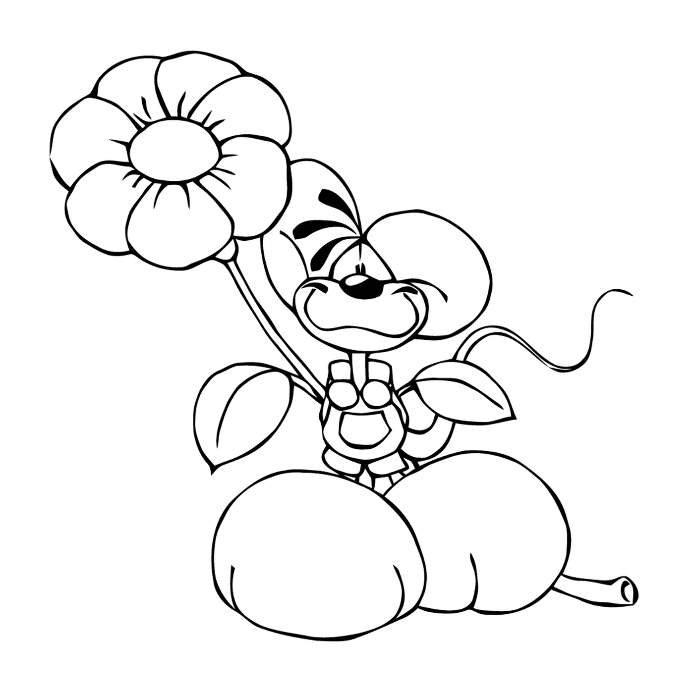   Un chien de dessin animé tenant une fleur 