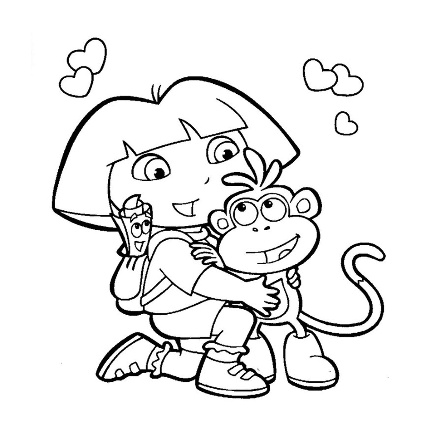   Dora tient un singe avec affection 