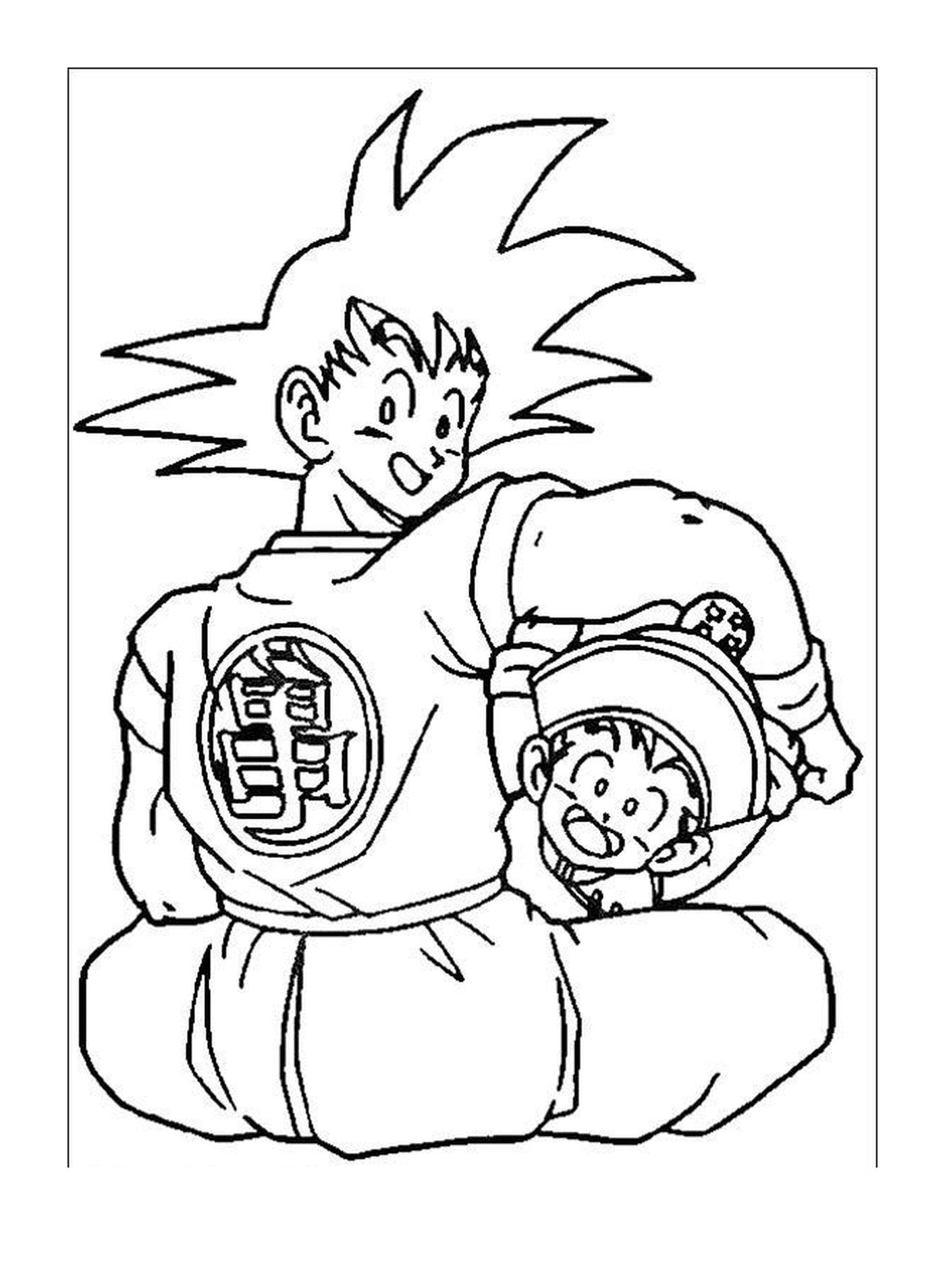   Goku avec son fils et un singe 