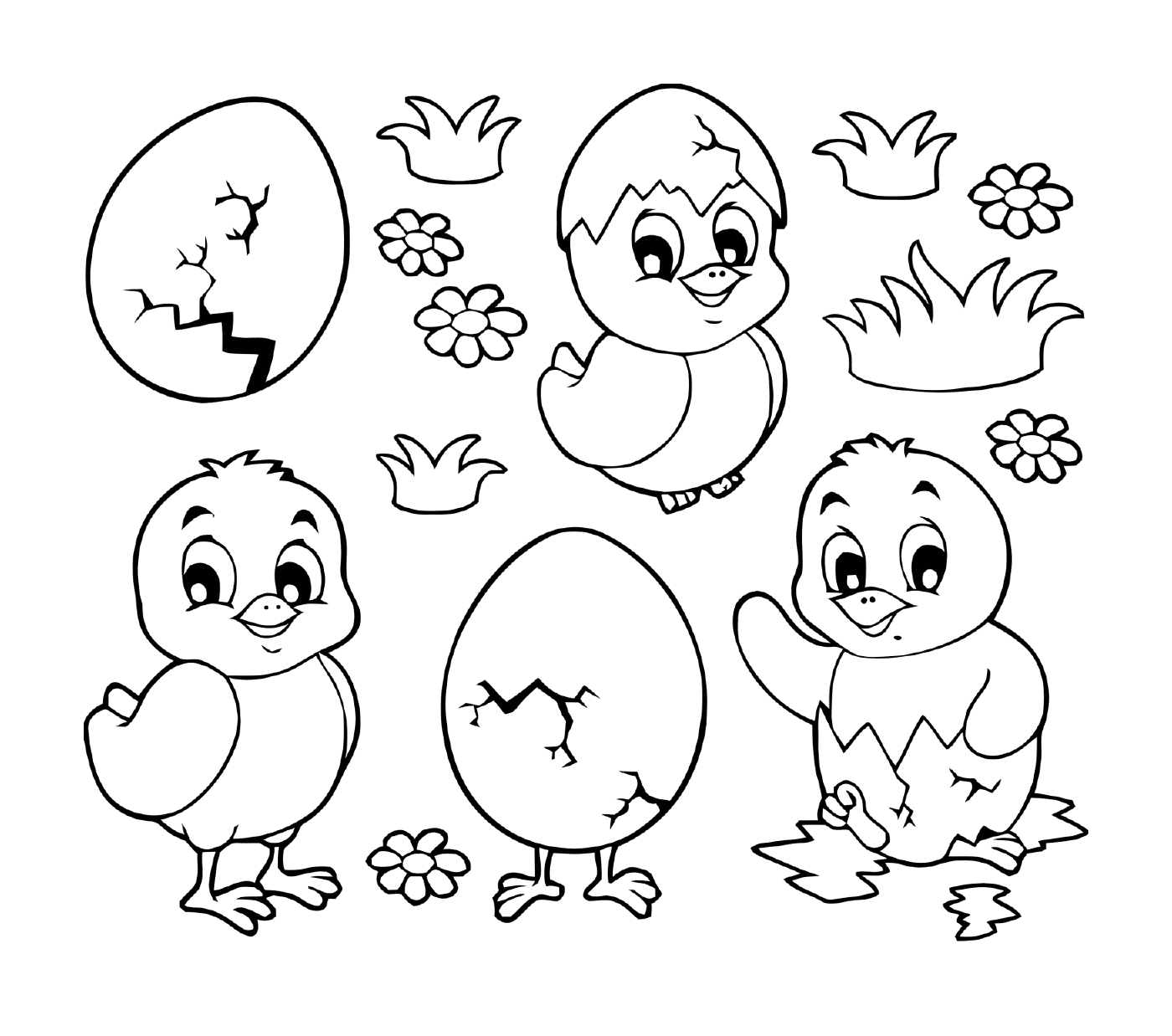   Poussins et œufs de Pâques, de mignons dessins en noir et blanc 