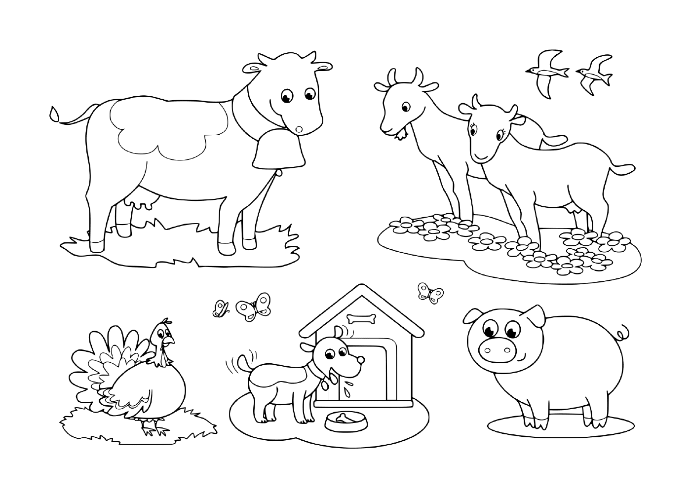   un groupe d'animaux de ferme comprenant une chèvre, une vache, un cochon, une dinde, un chien et une hirondelle 