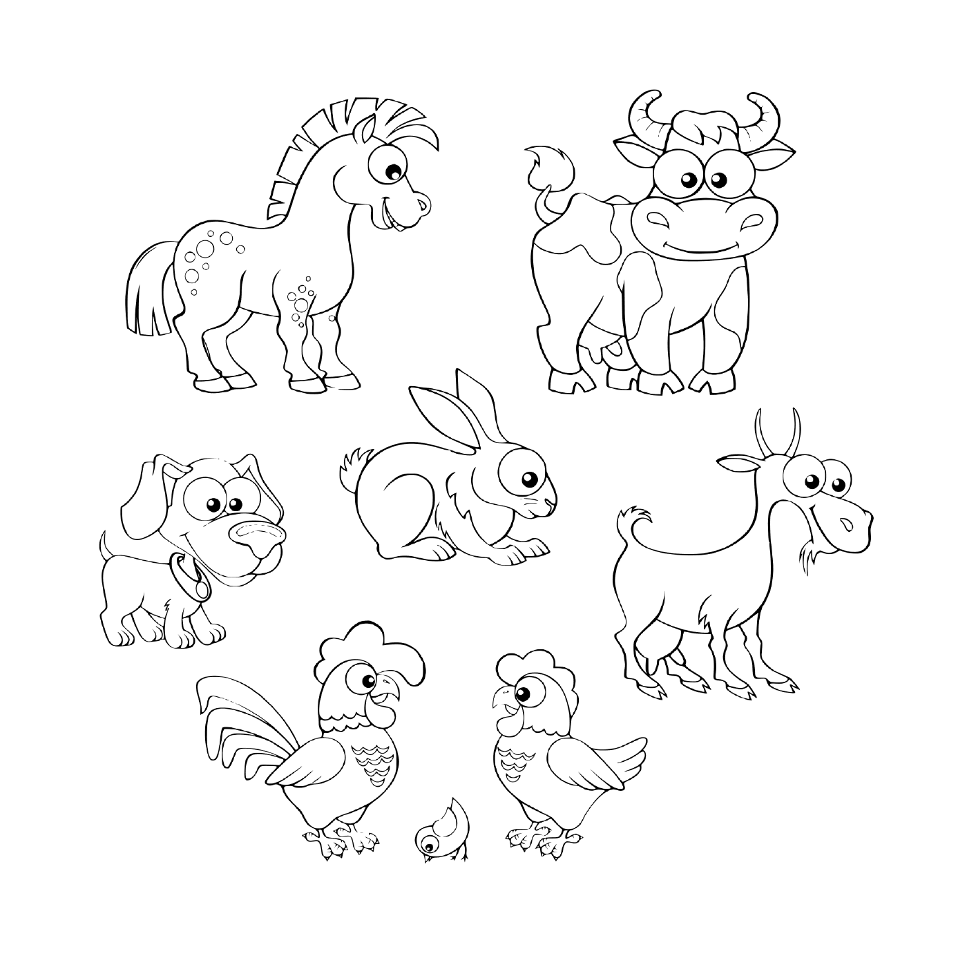   un ensemble d'animaux de ferme comprenant un cheval, une vache, une chèvre, un lapin, un chien, une poule, un coq et un poussin 