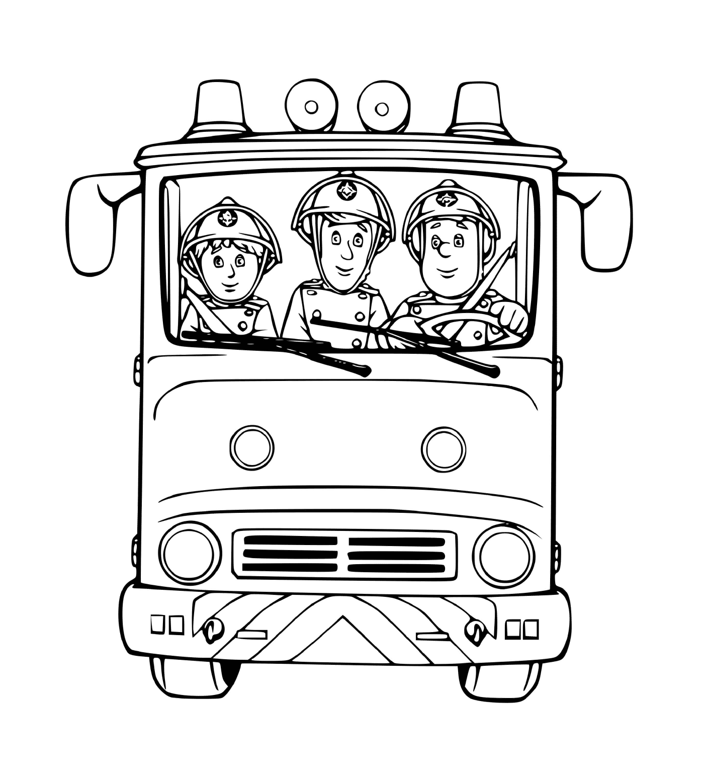   Camion pompier, trois pompiers prêts 