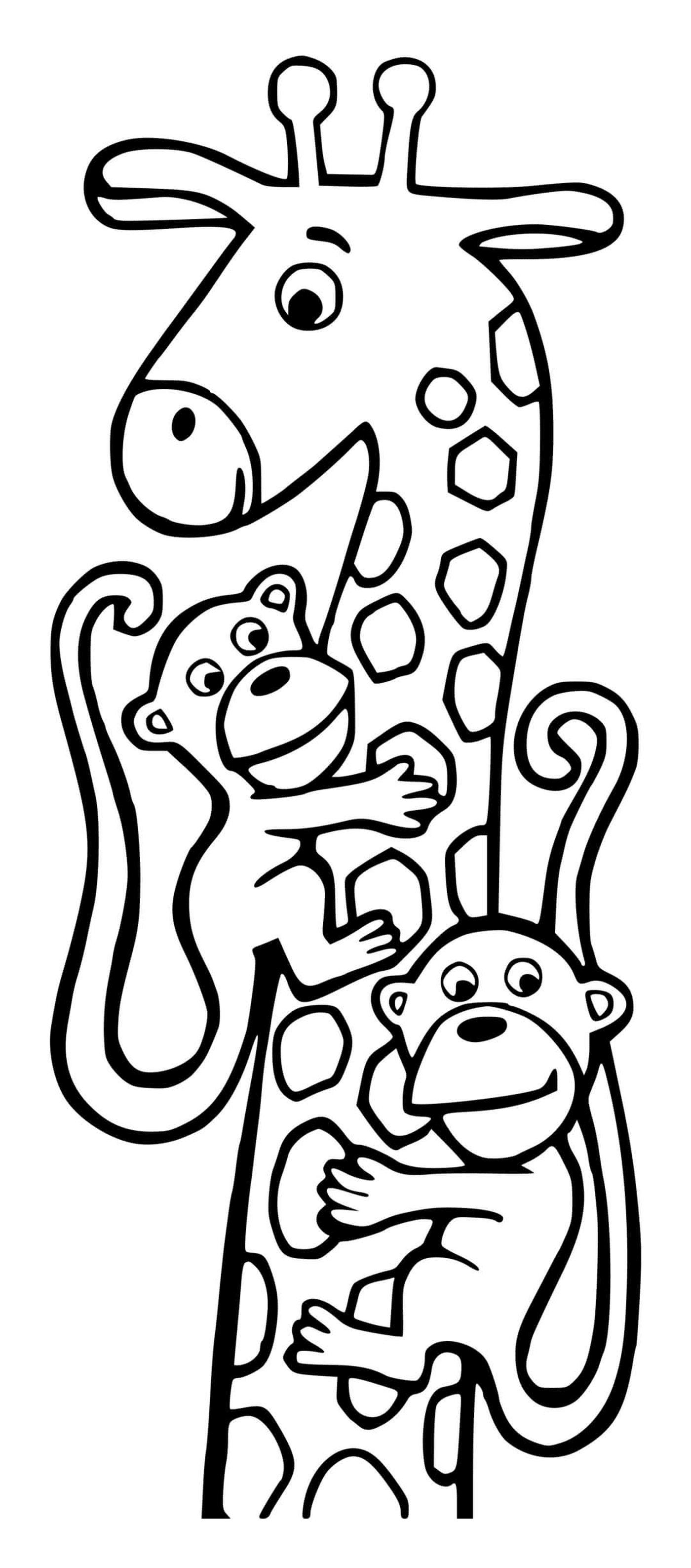   Girafe et deux singes 