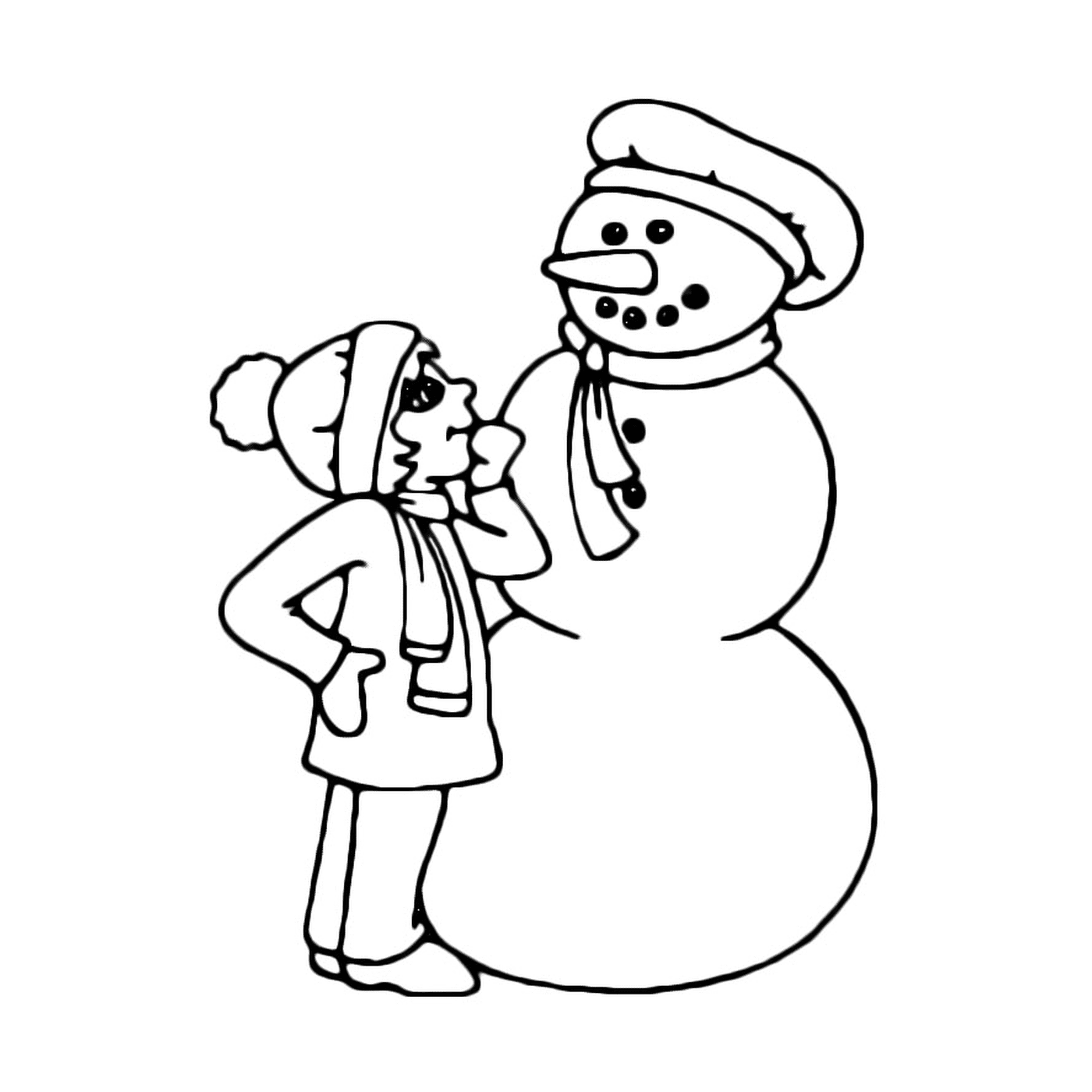   Une femme debout à côté d'un bonhomme de neige portant un chapeau 