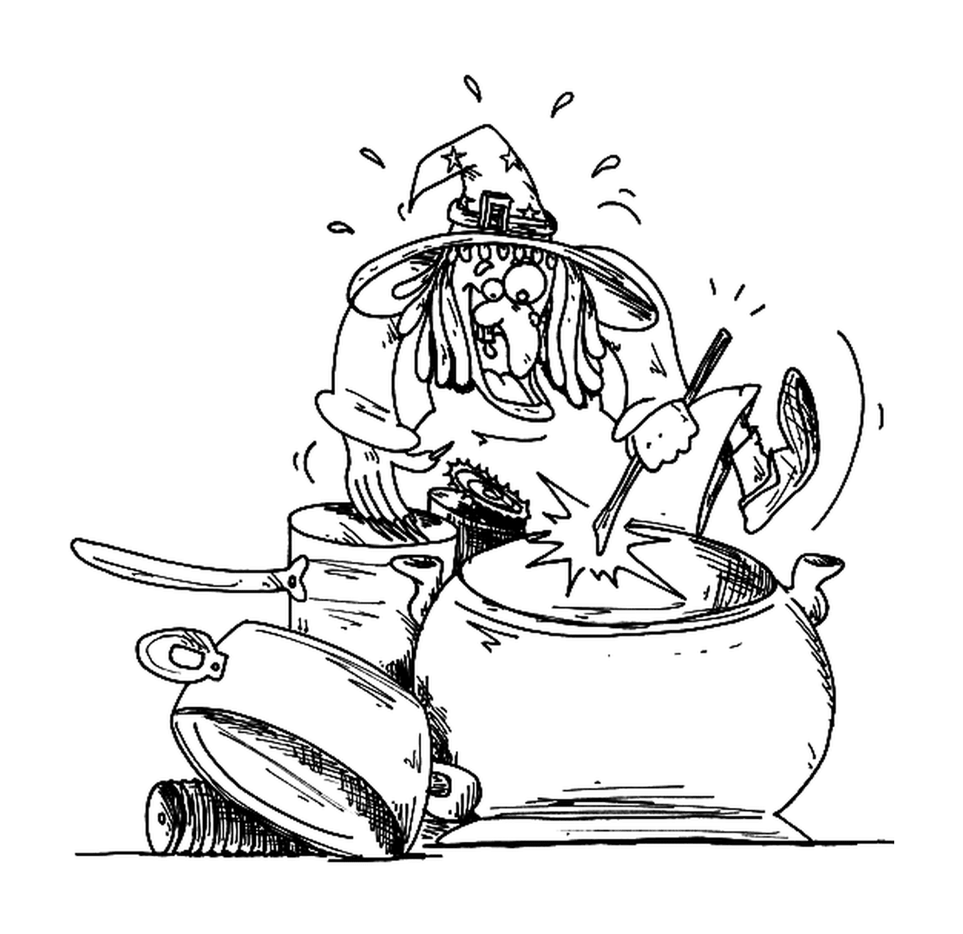   sorcière en train de cuisiner dans sa marmite 
