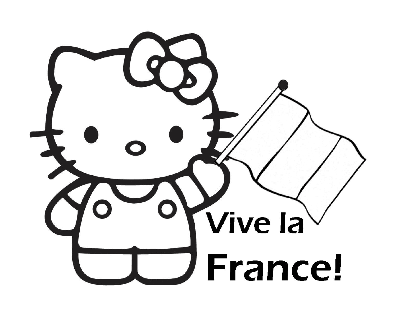   Hello Kitty tenant un drapeau devant un panneau français 