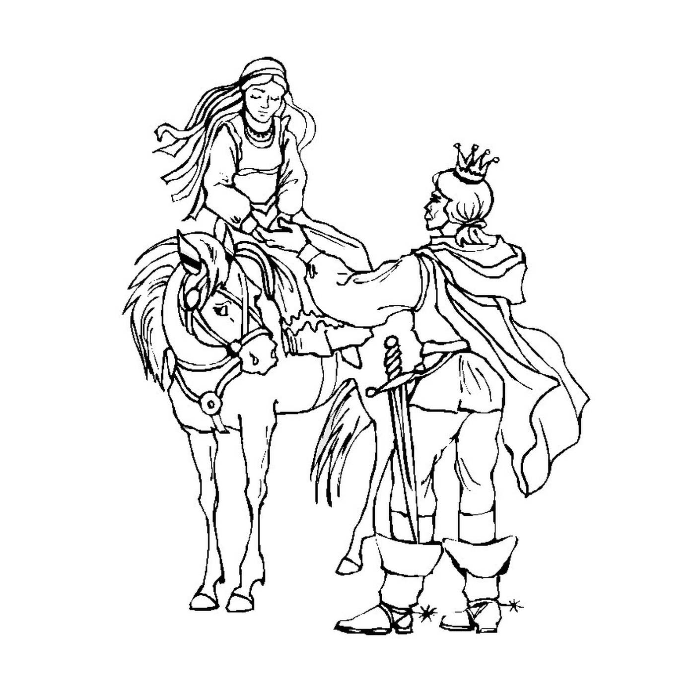   Couple royal chevauchant fièrement un cheval 