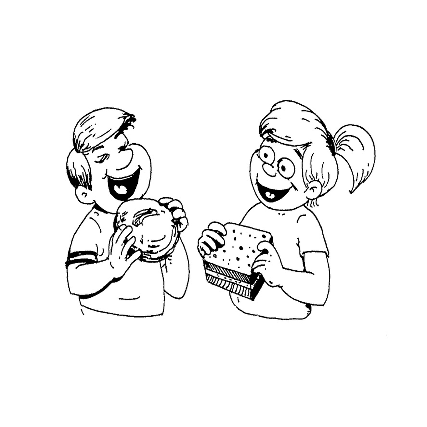   Un garçon et une fille mangent un sandwich au goûter 