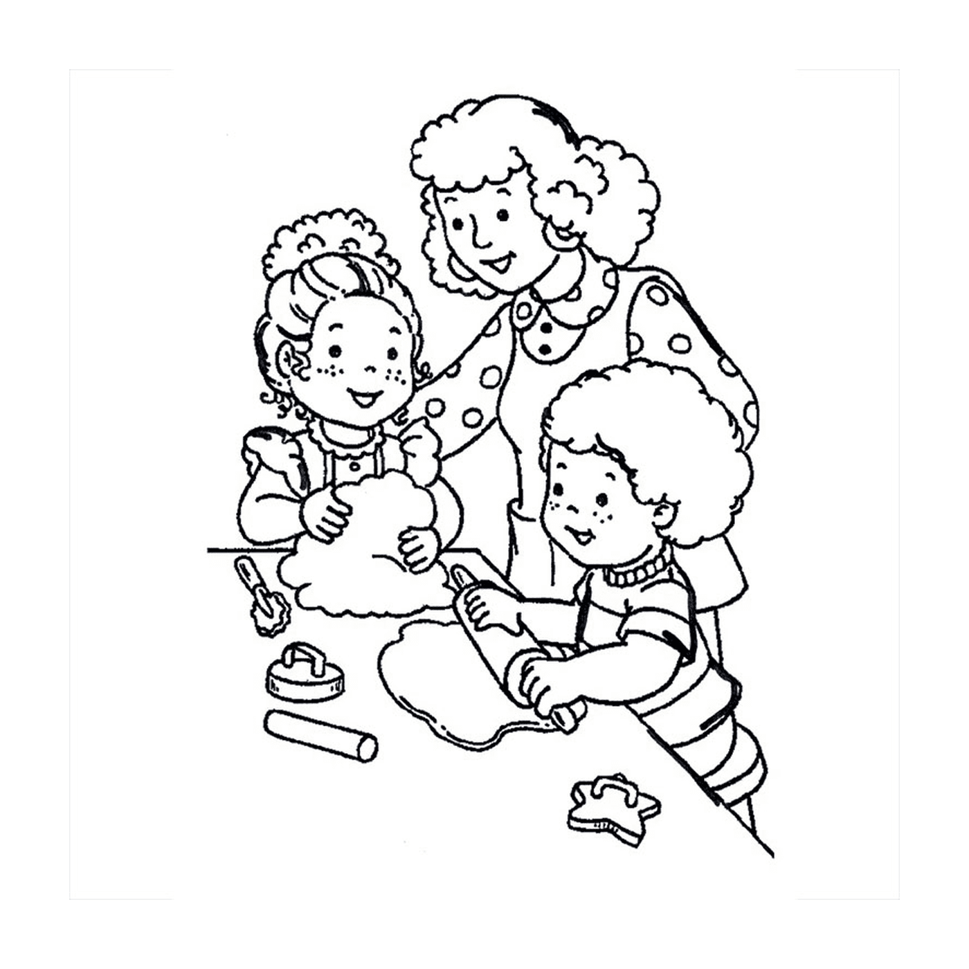   Une maman et ses enfants cuisinent ensemble 