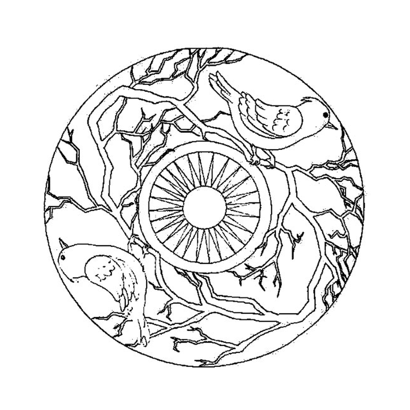   Mandala circulaire avec oiseaux sur des branches 