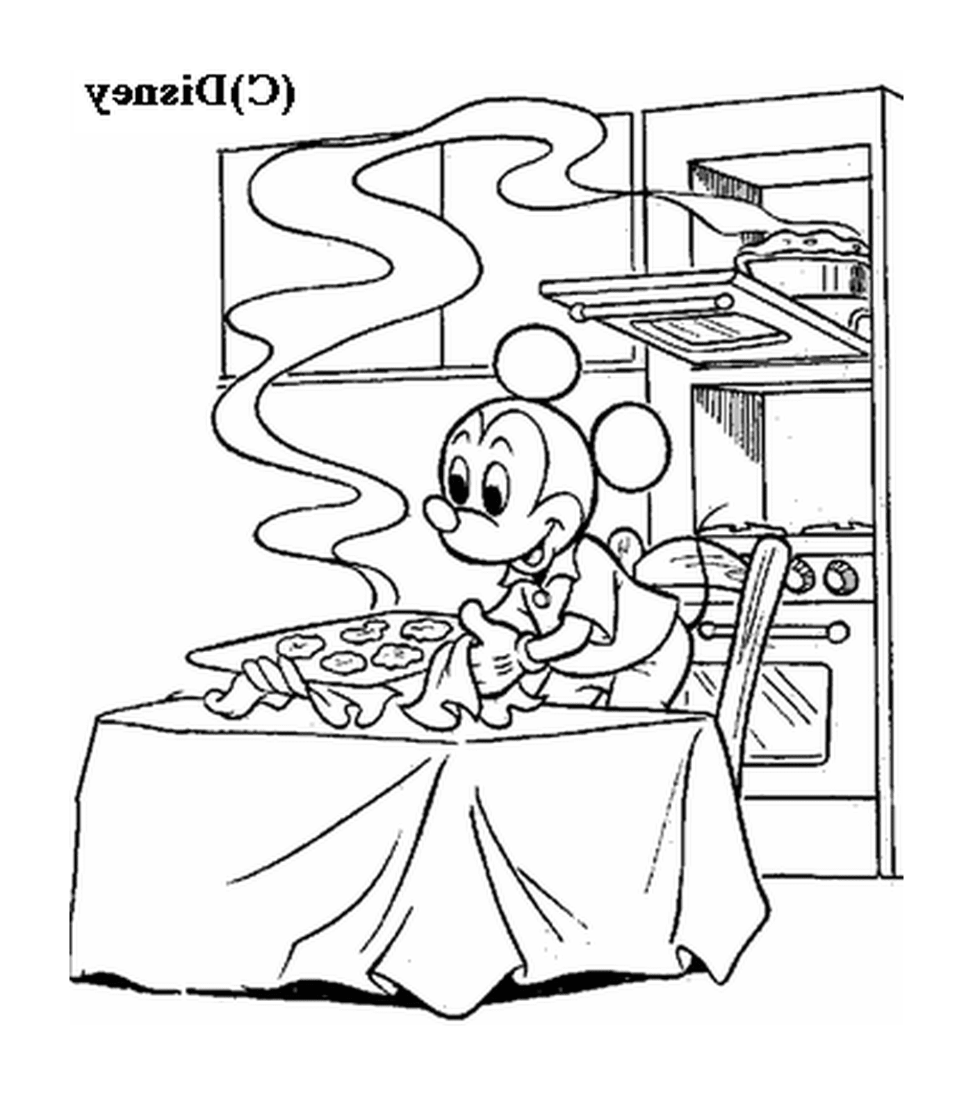   Mickey fait des cookies : une souris assise à une table devant une cuisinière 