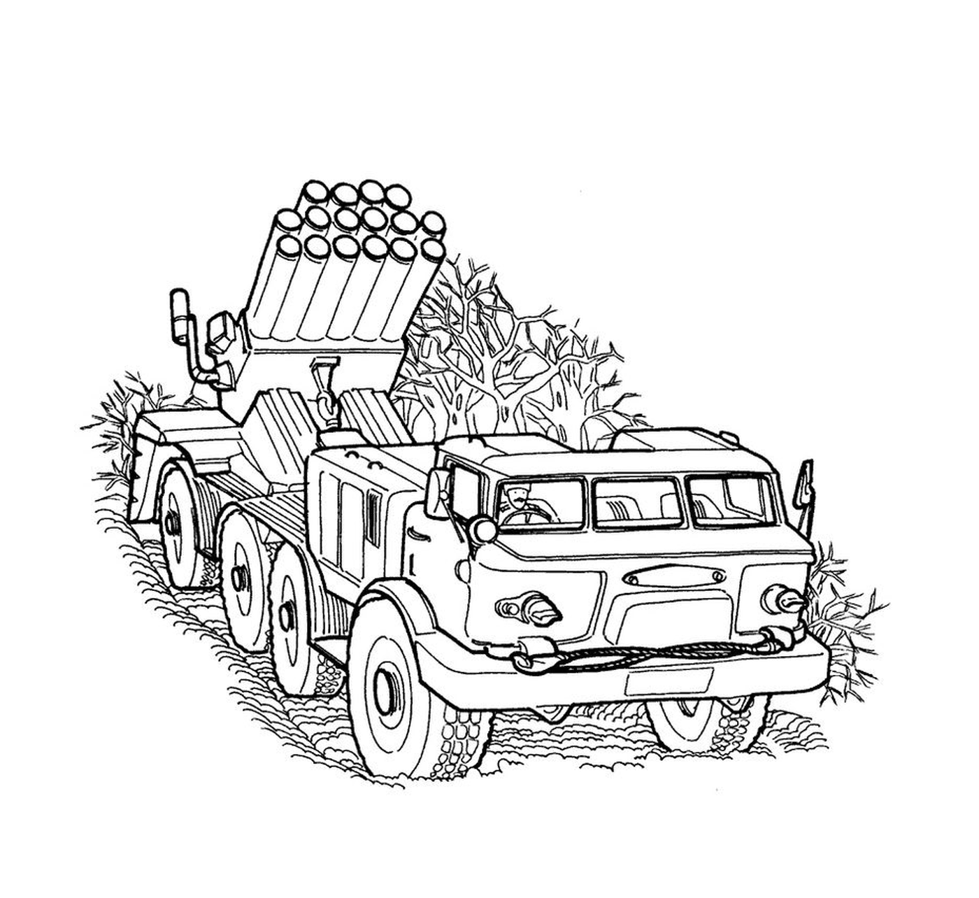   Véhicule militaire : un vieux camion avec un lance-roquettes 