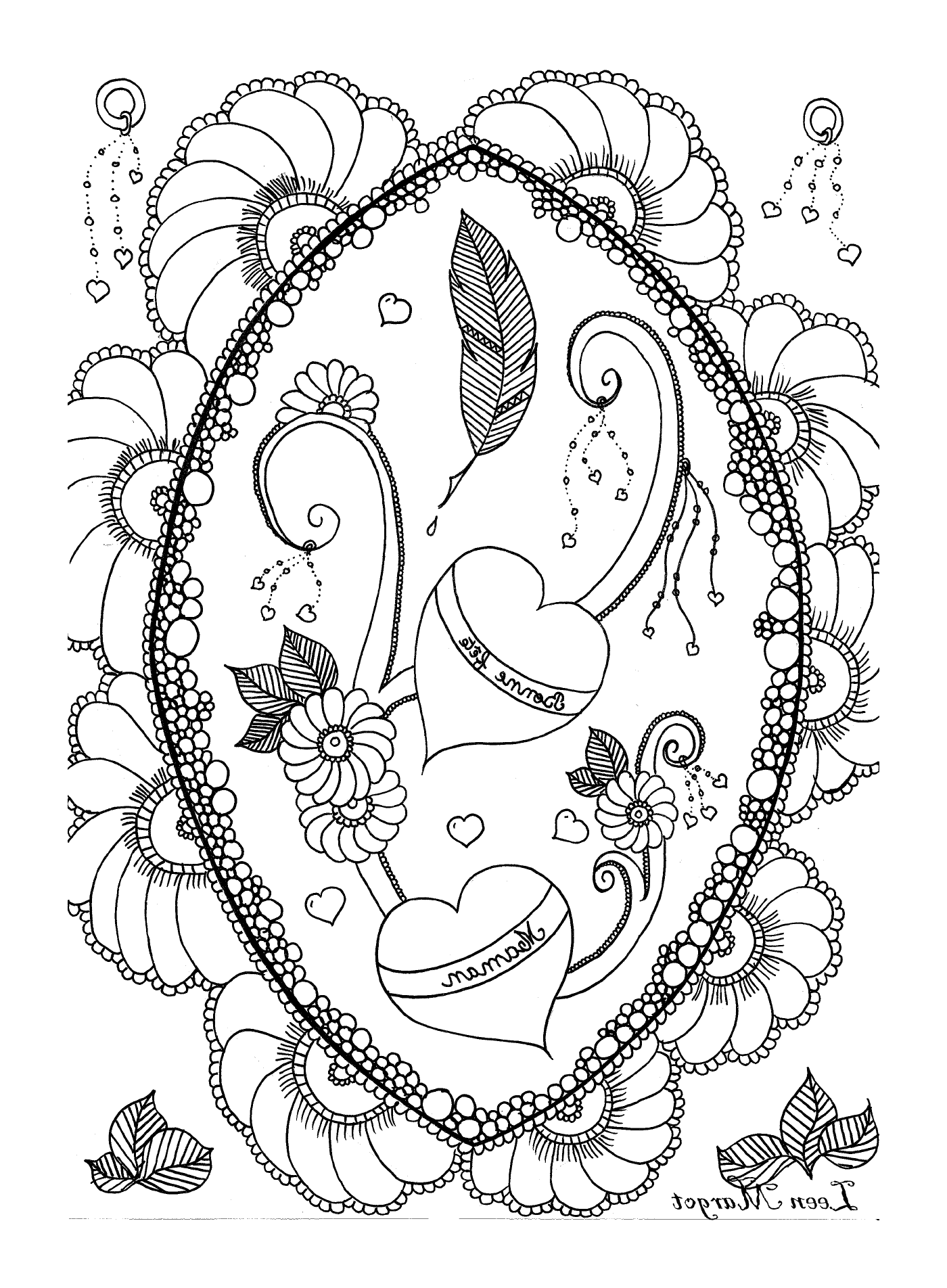  Un cadre ovale avec deux cœurs, une plume et des fleurs 