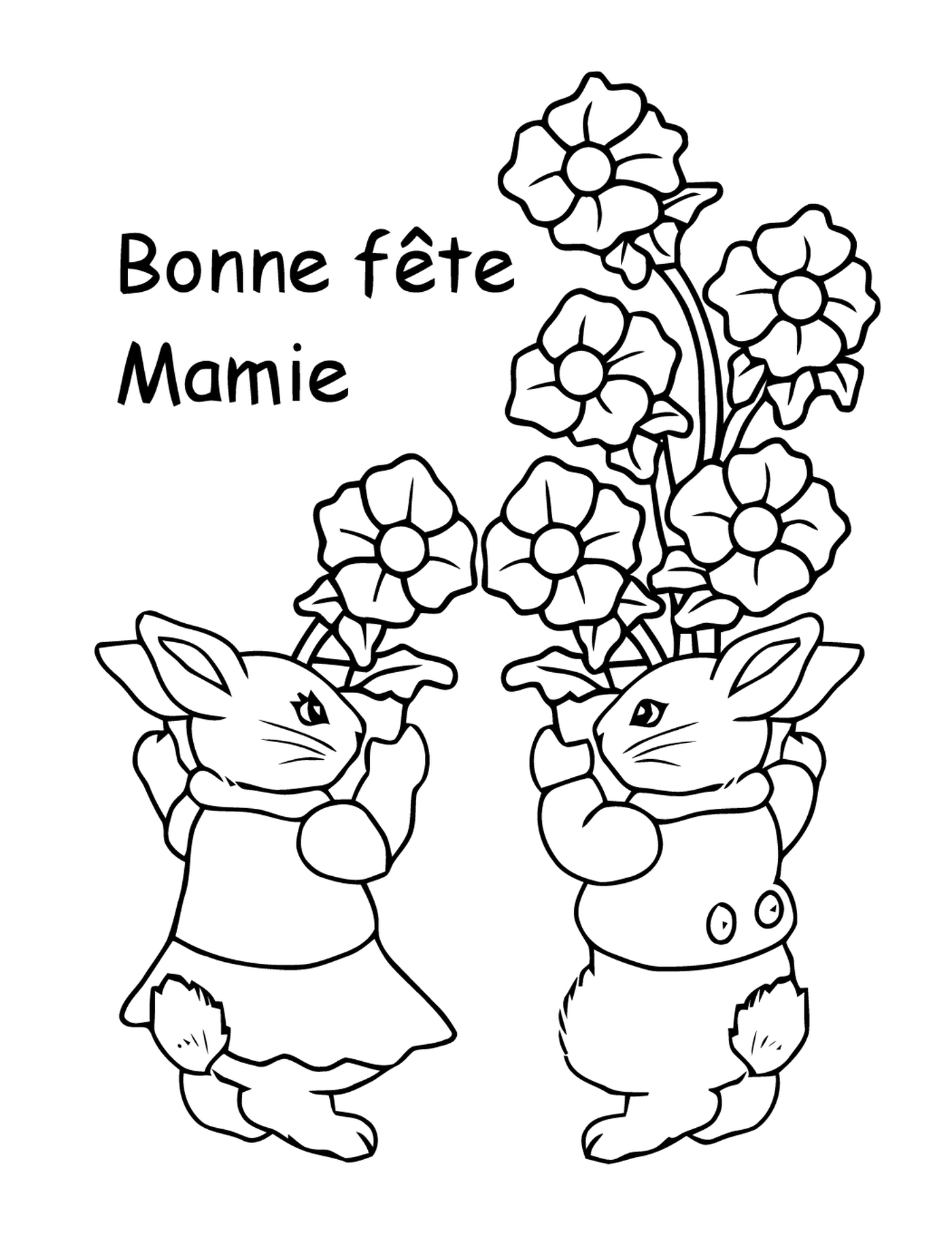   Deux lapins tenant un bouquet de fleurs dans leurs mains 