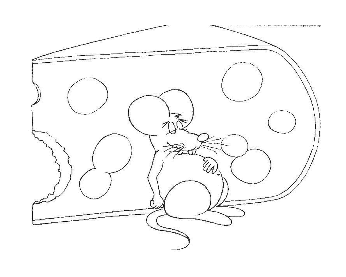   Une souris adossée à un gros morceau de fromage 