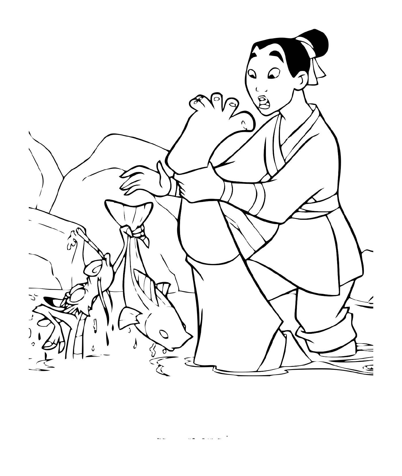   Mulan pêche avec Mushu 
