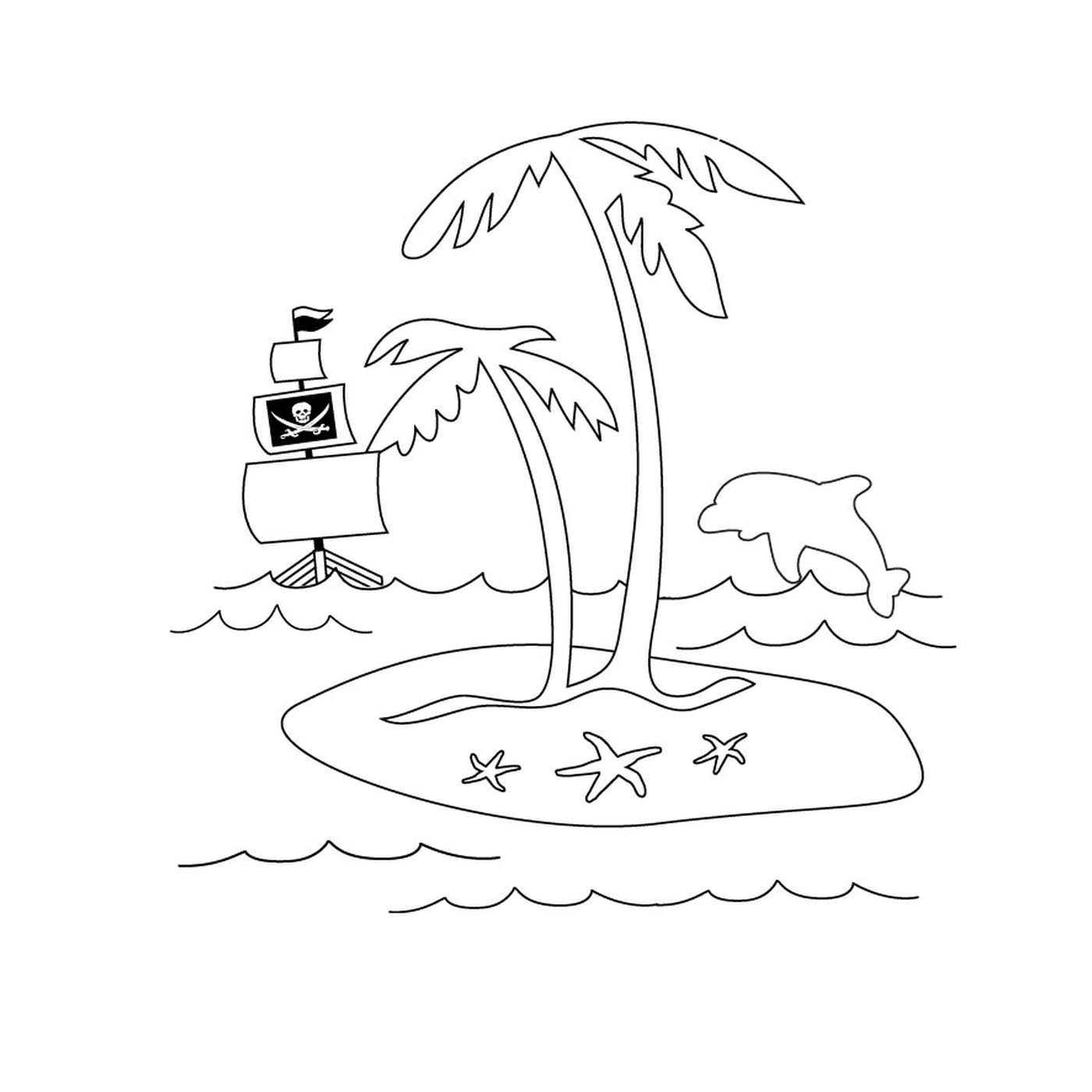   Une île de pirate avec un palmier et un navire 