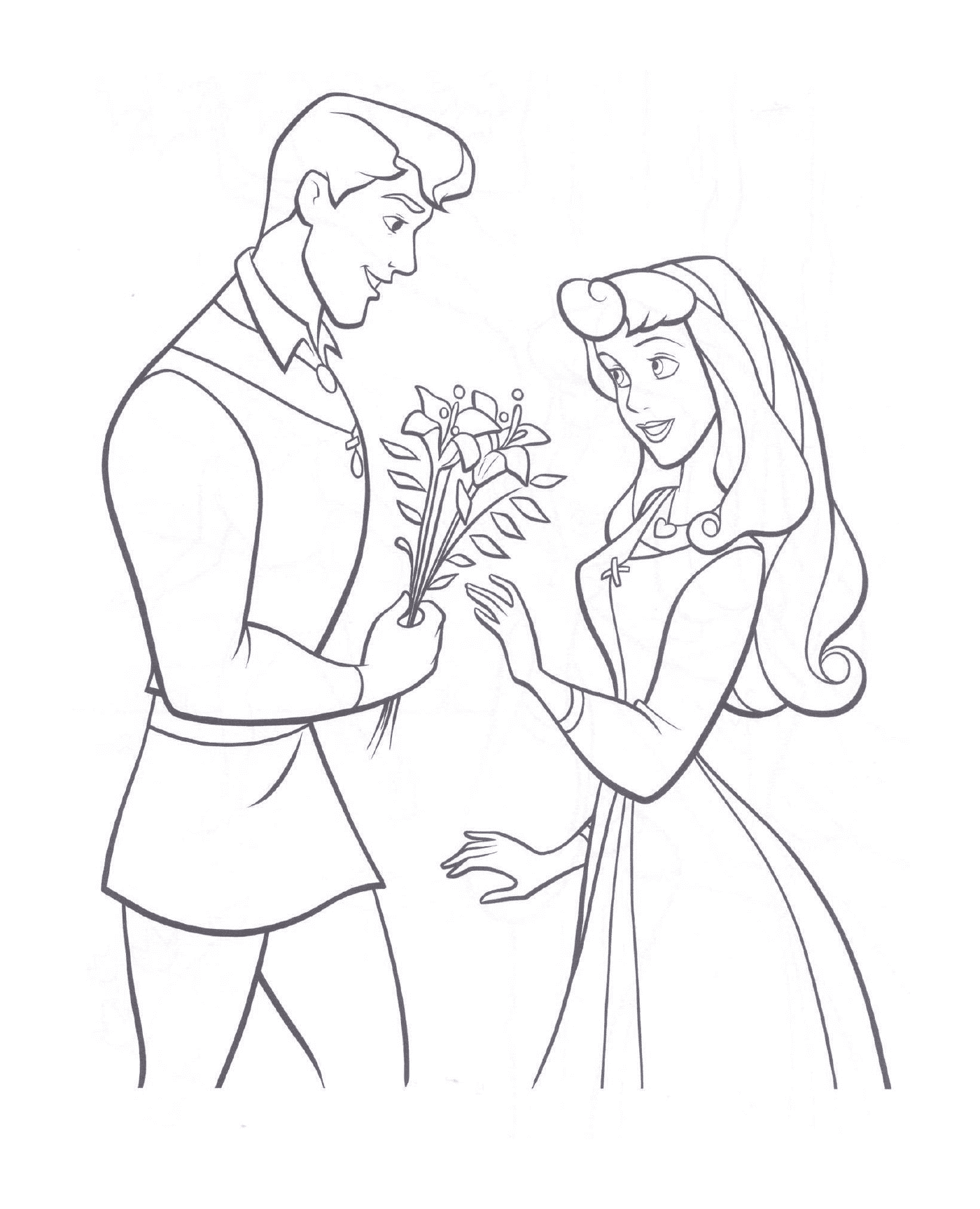  Homme et femme tenant fleurs 
