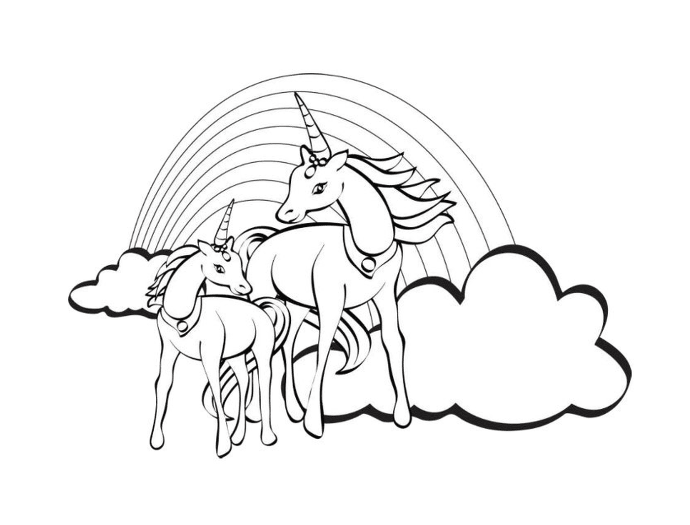   Un couple de licornes côte à côte avec un arc-en-ciel 