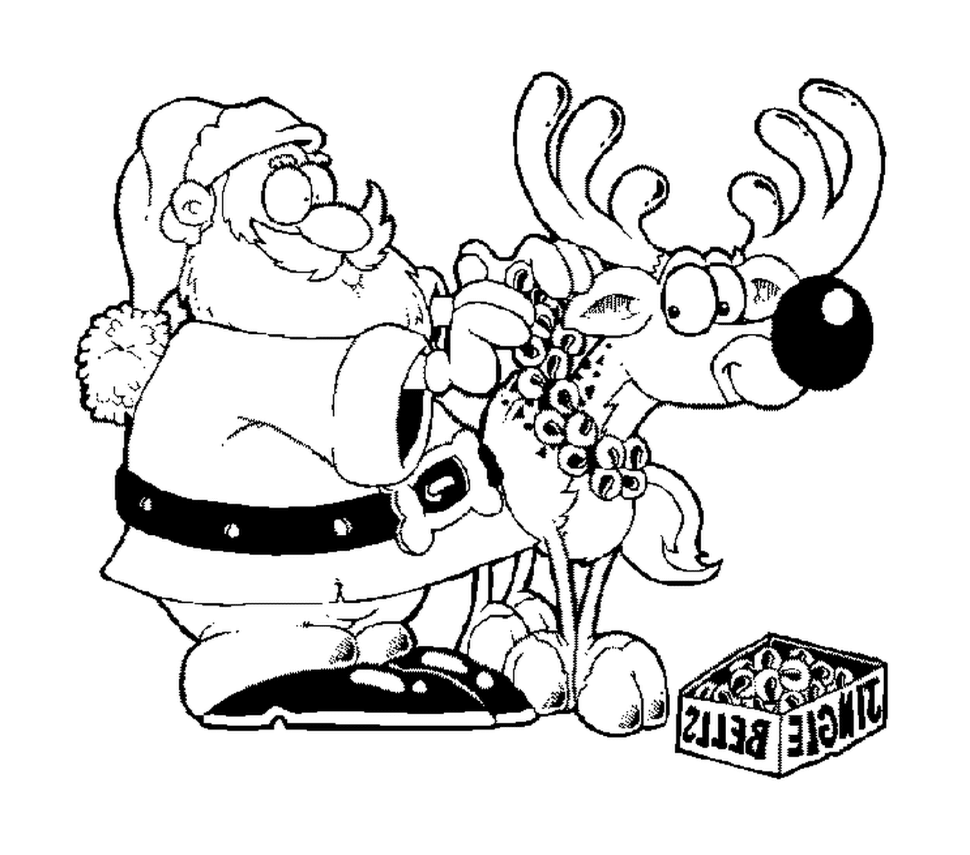   le père Noël accroche des clochettes à son renne 