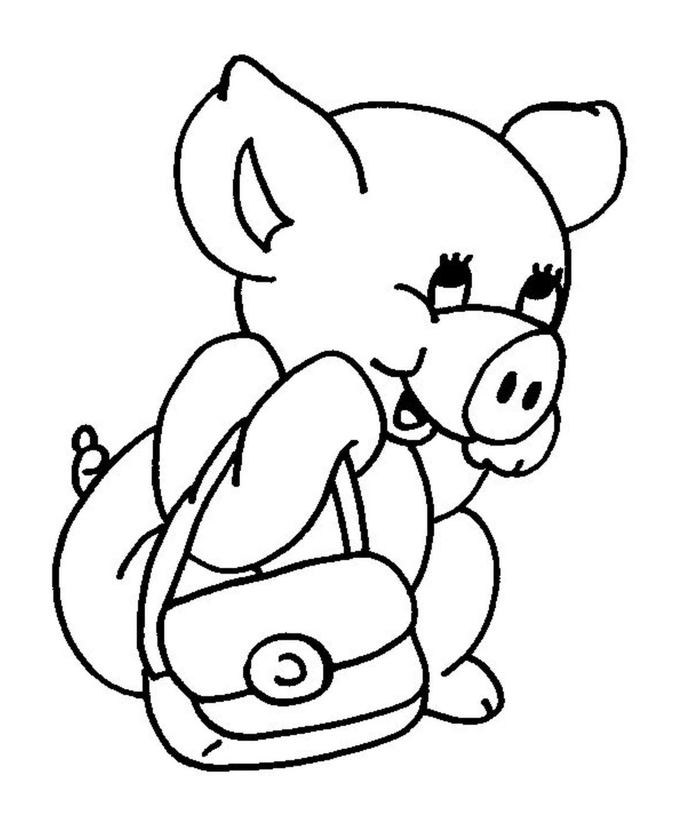   Un cochon qui va à l'école avec un sac à main 