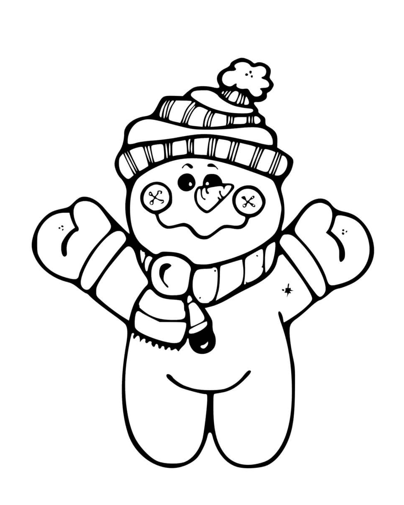   Petit bonhomme de neige debout, portant une tuque et une écharpe 