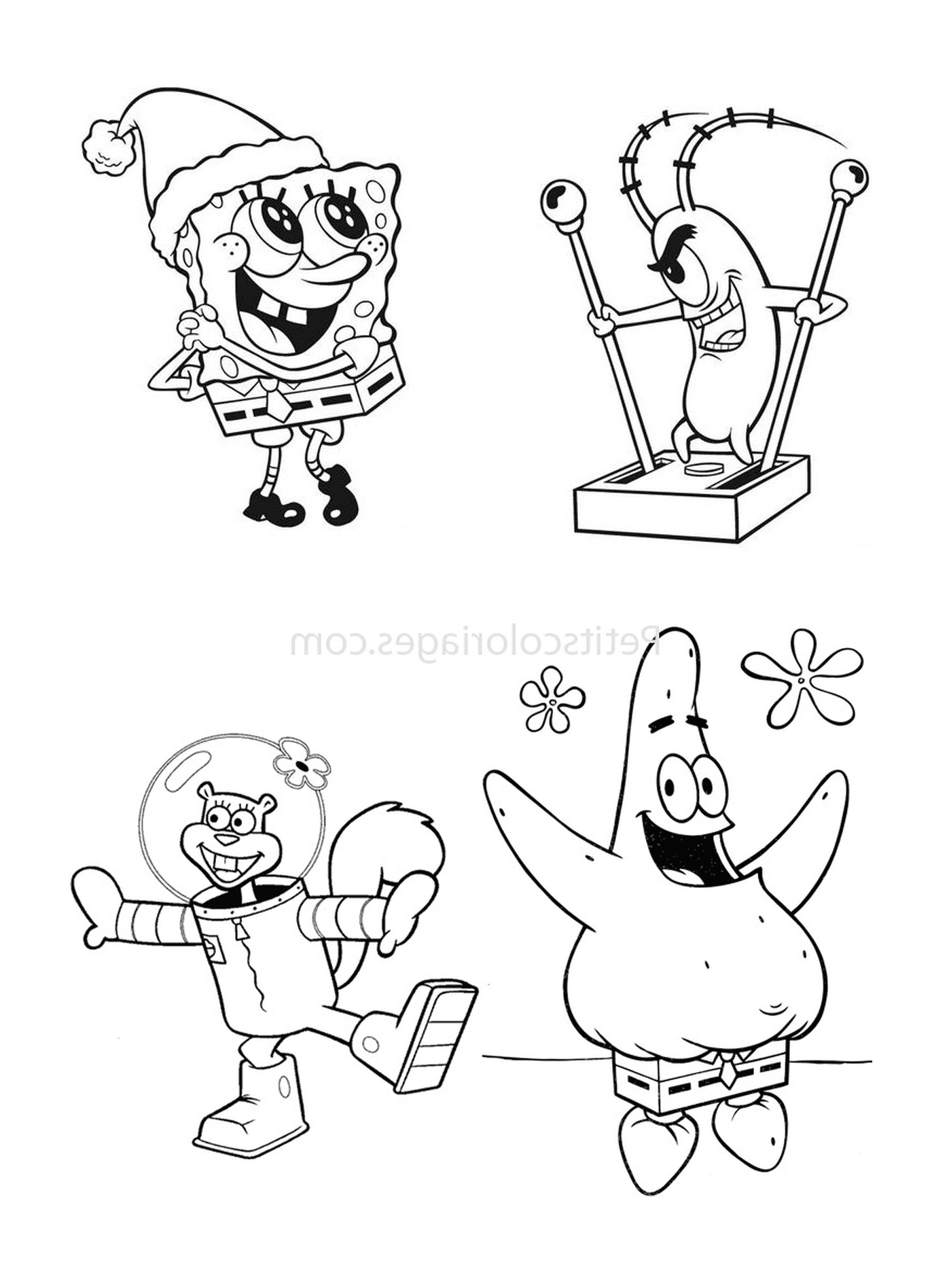   Un ensemble de quatre personnages de dessin animé en noir et blanc 