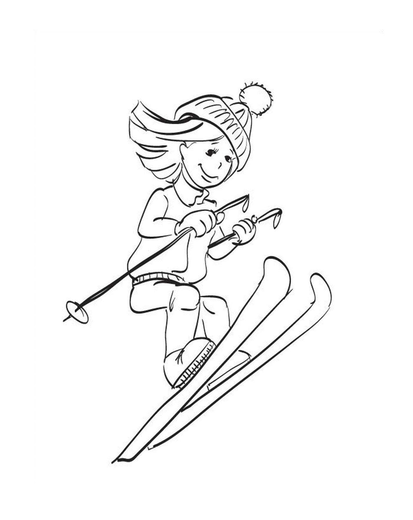   Sport d'hiver, ski, fille qui descend une pente 