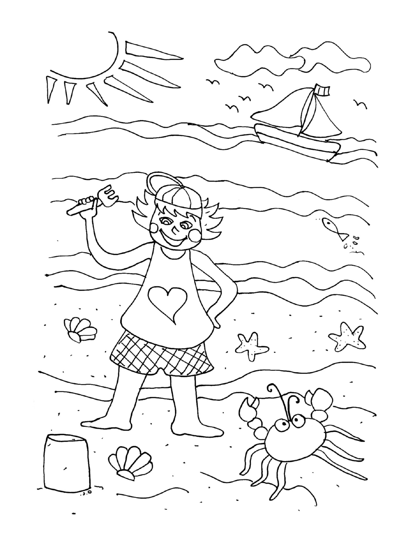   Un crabe et un bateau sous le soleil en vacances à la mer en été 