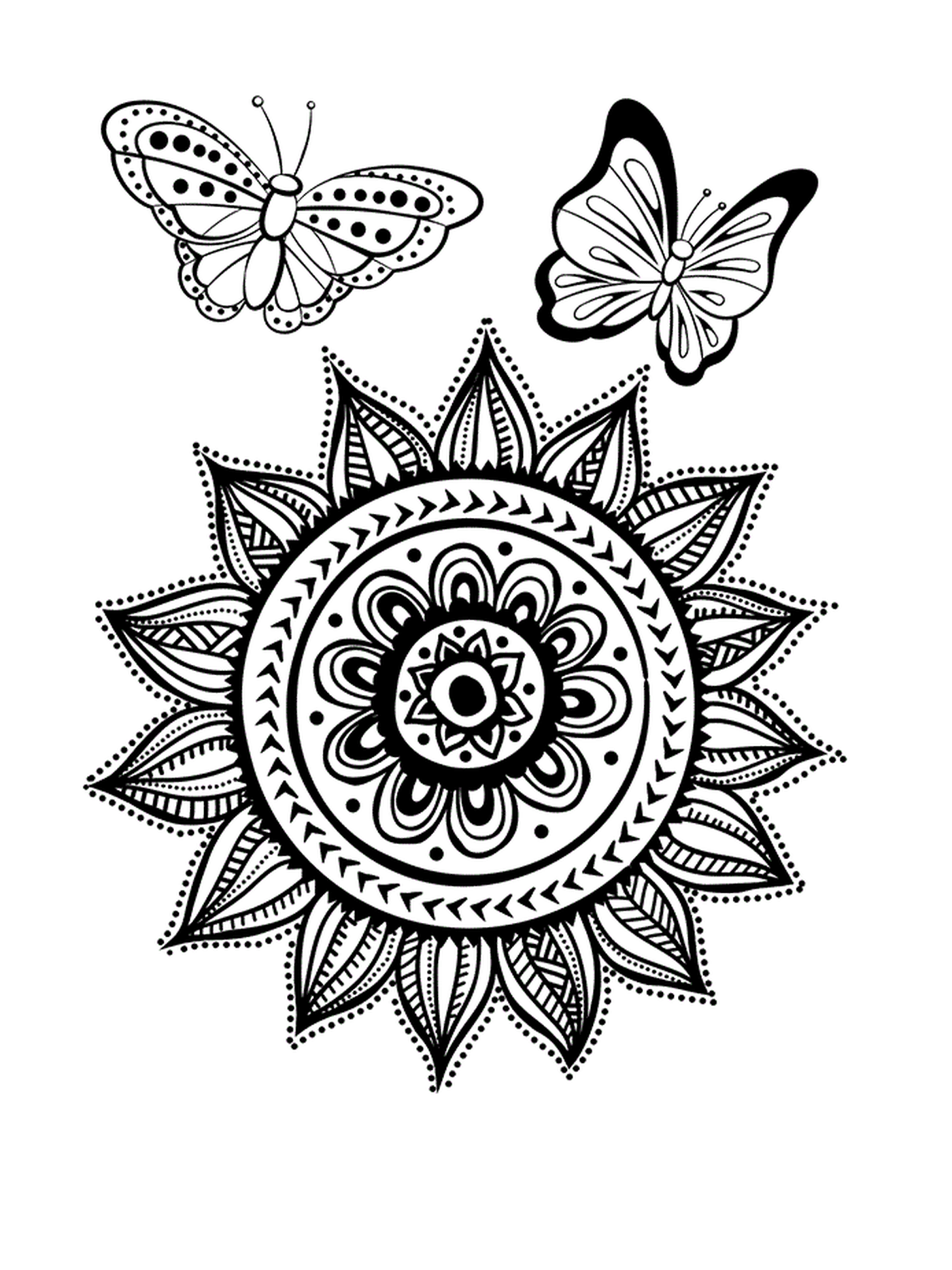   Un mandala avec un soleil et des papillons pour adultes en vacances d'été 