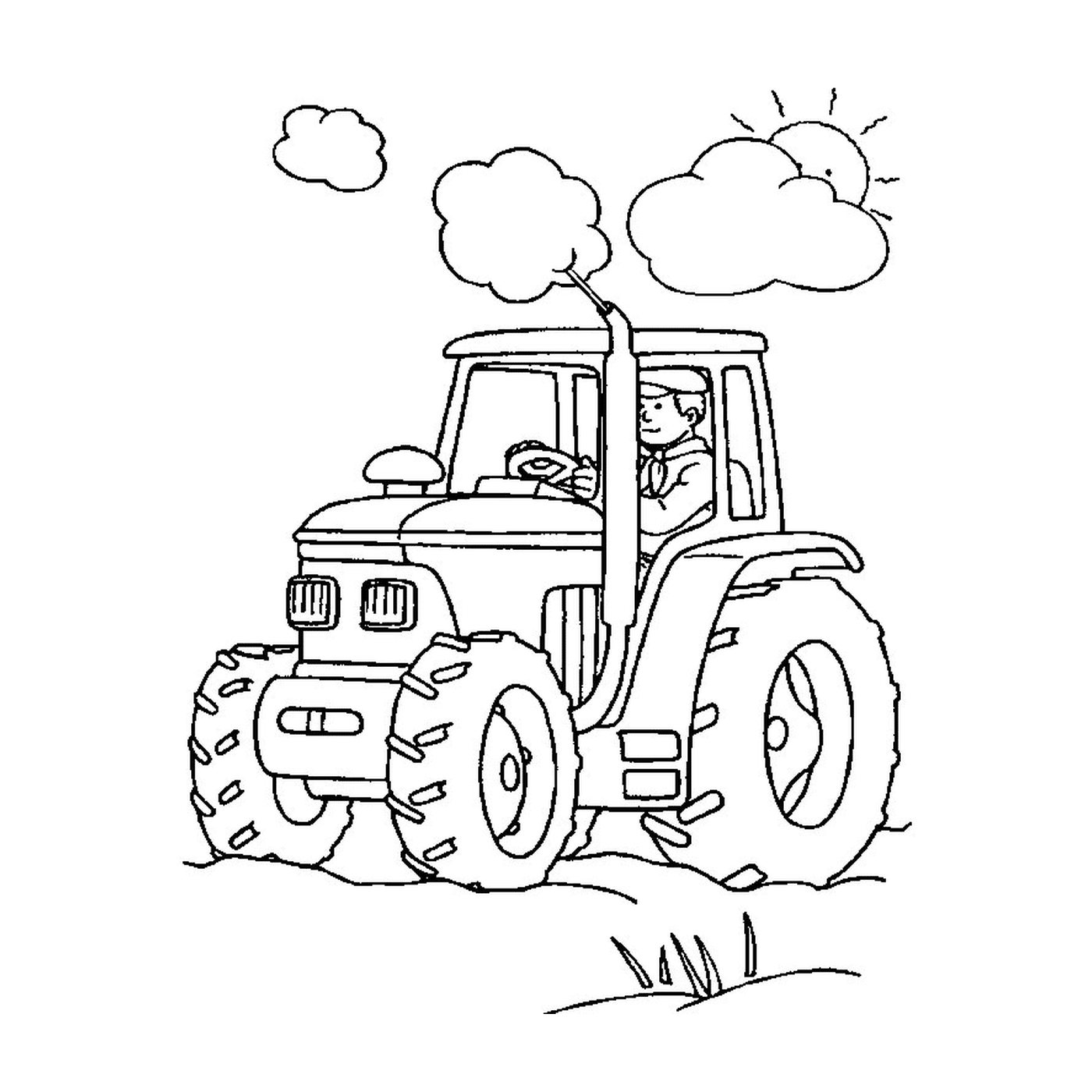   Homme conduit tracteur ferme 