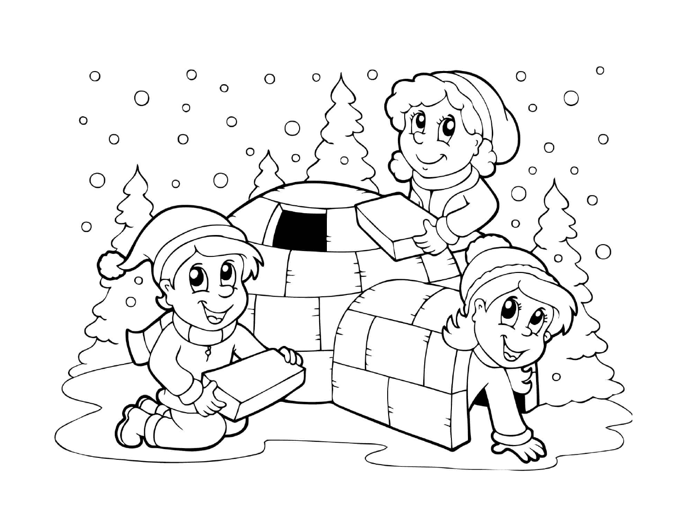   Enfants construisent un igloo en hiver 