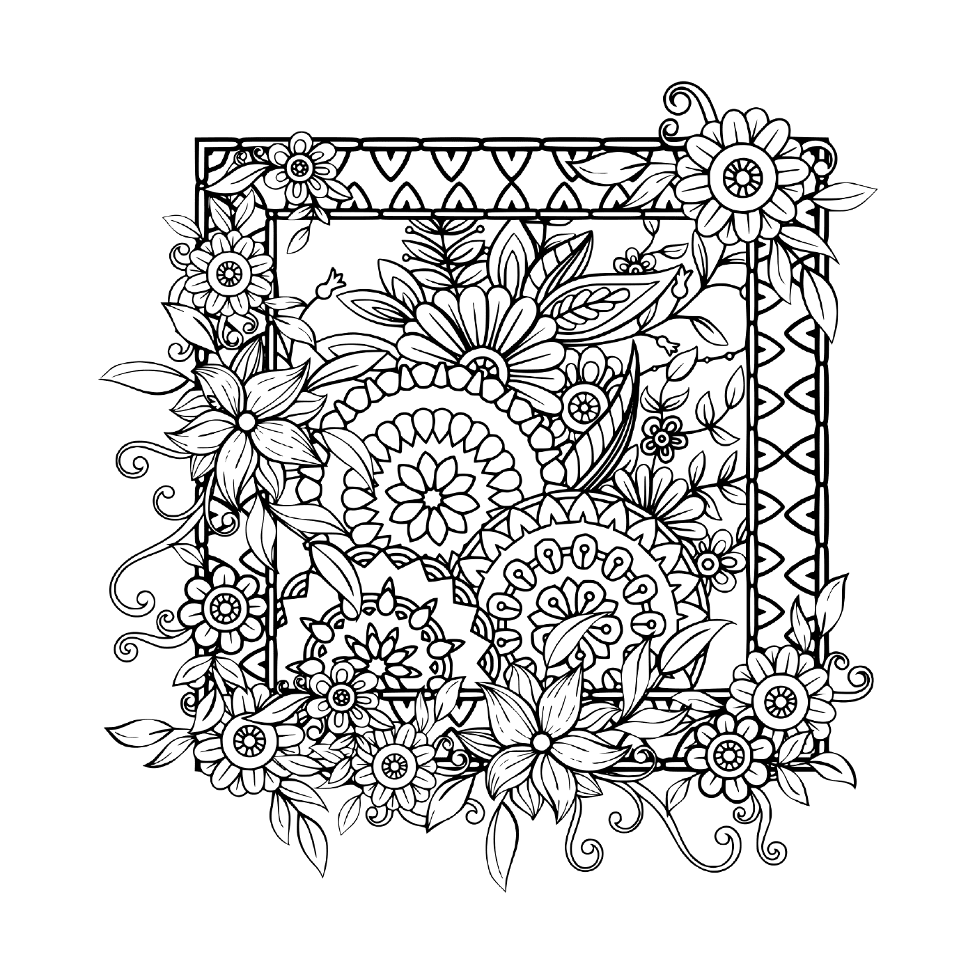 coloriage adultes avec des fleurs motif noir et blanc doodle couronne floral mandala bouquet line