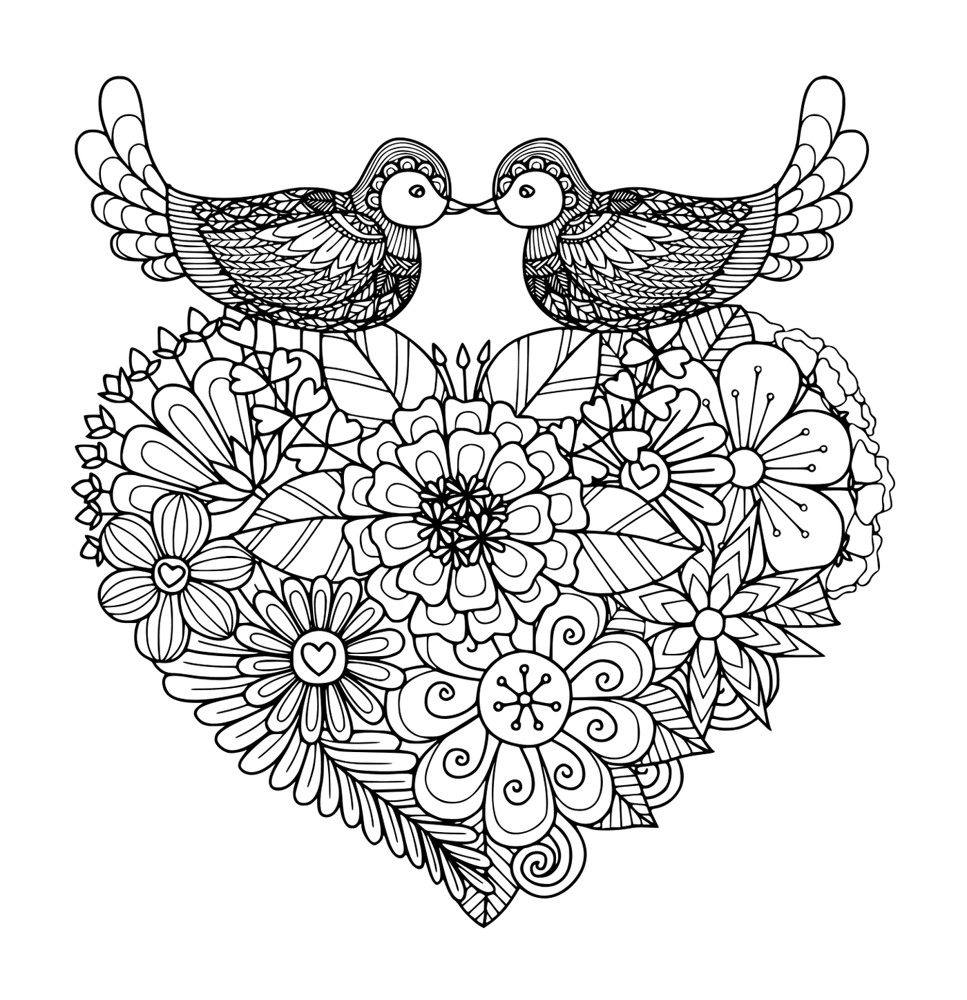 coloriage deux oiseaux amoureux coeur fleurs