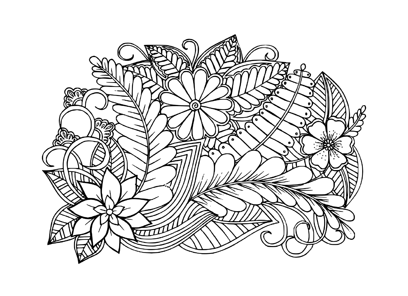 coloriage Doodle motif floral en noir et blanc adulte