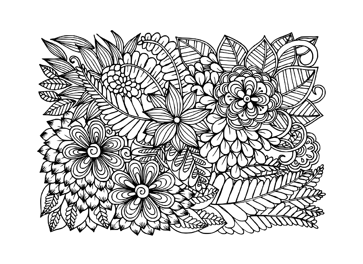 coloriage Doodle fleurs en noir et blanc motif floral