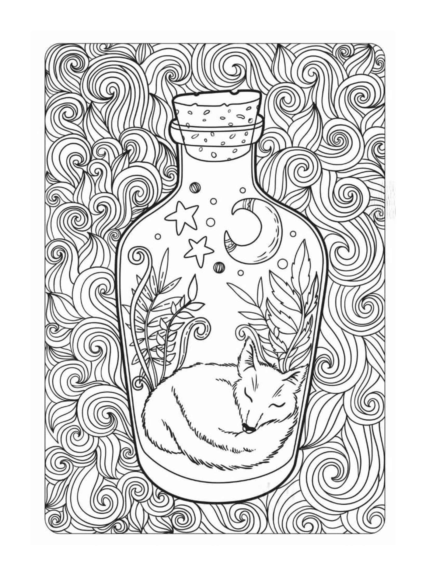 coloriage bouteille avec renard dormi dessin animal et foret motif