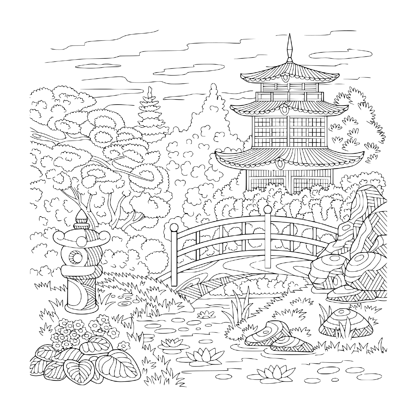 coloriage adulte paysage temple oriental japonais tour pagode paysage avec des arbres lac des pierres