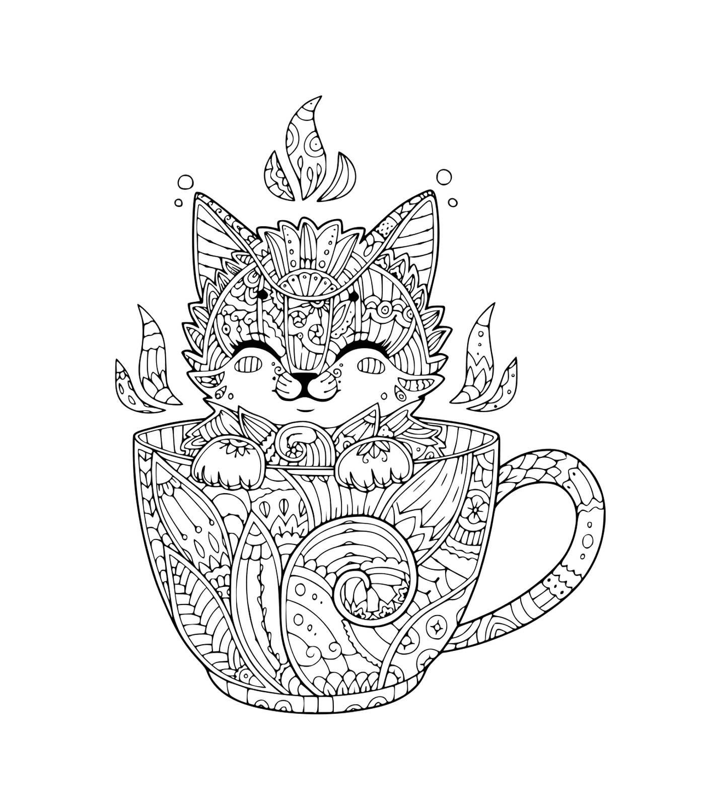 coloriage petit chaton dans tasse de cafe pour une detente