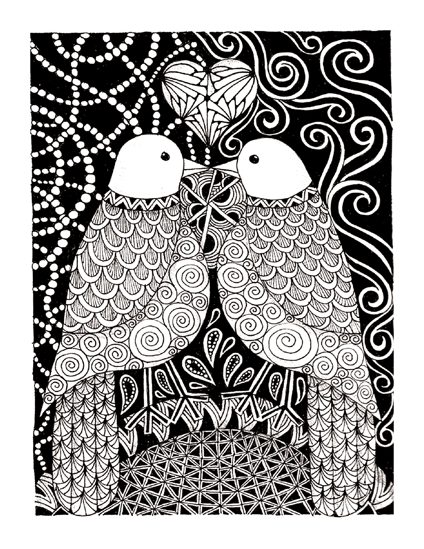 coloriage adulte animaux peruches amour